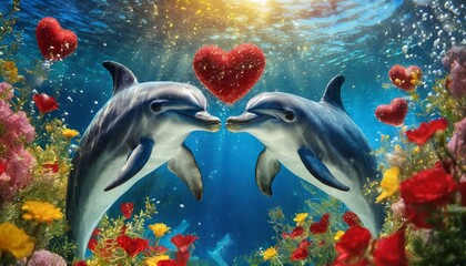 heartwarming scene where two beautiful dolphins carry valentine shaped hearts in their mouth 