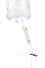 Isolated IV fluid bag with gravity drip and clamp. Home care kit. Medical supplies used for prescribed rehydration for cats, dogs, pets or human. Selective focus. White background.