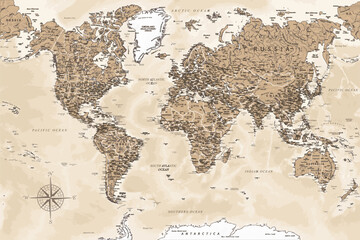 World Map - Highly Detailed Vector Map of the World. Ideally for the Print Posters. Dark Golden Beige Retro Style - 739425173