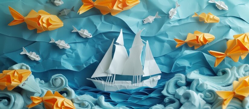 Serene paper boat floating in tranquil ocean waters surrounded by delicate origami paper creations