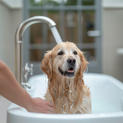 Dog owner washing his lovely friend. Funny wet golden retriever adult dog sitting in white bathtub in bathroom under the water flows. Lovely pets, comic animals concept image.