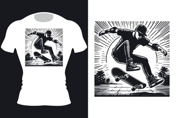 Vector skateboard rider black and white cartoon illustration t-shirt design, Generative Ai