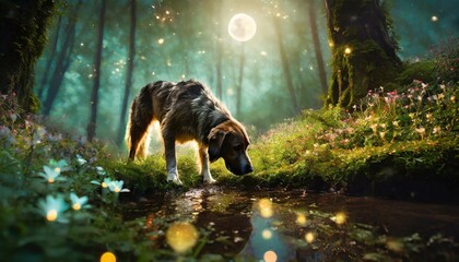 The giant magical dog, sniffing flowers on the forest floor with fireflies everywhere. A spring scene - obrazy, fototapety, plakaty