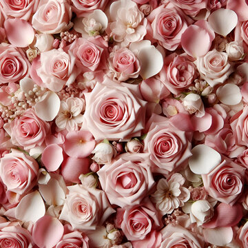 A photo of an allover texture of pink rose petals wedding. © Abdullah