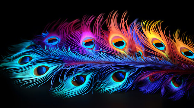 Colorful peacock feathers on a black background