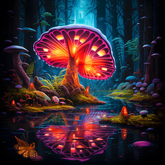 Fantasy landscape with magic forest, lake and mushrooms