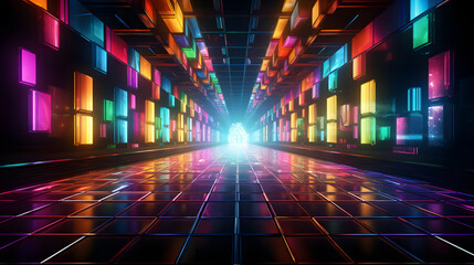 Futuristic corridor with glowing neon lights - obrazy, fototapety, plakaty