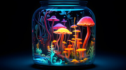 Glass jar with magic mushrooms on a black background. 3d rendering