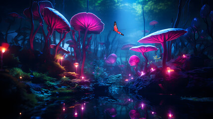 Magic mushrooms in the forest at night. Fantasy landscape with magic mushrooms.