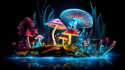 Magic mushrooms in the forest at night. Fantasy landscape with magic mushrooms.