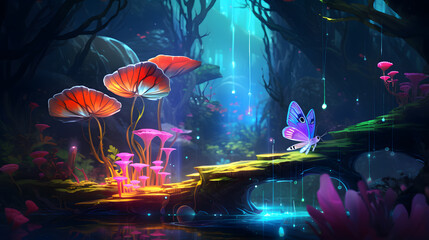 Magic mushrooms in the forest at night. Fantasy landscape with magic mushrooms.