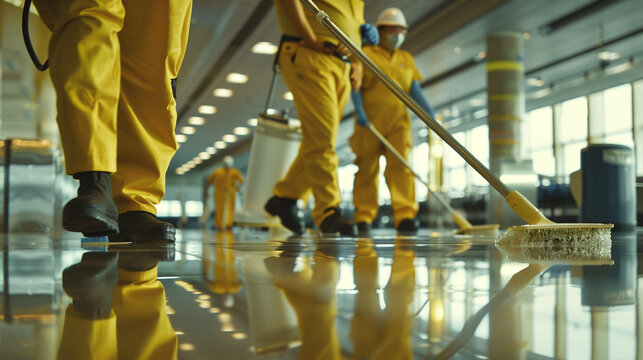 A team of cleaners working together to tackle a large-scale cleaning project, demonstrating efficiency, teamwork, and dedication to achieving exceptional results.