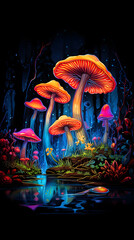 Mushrooms in the forest at night. 3D rendering.