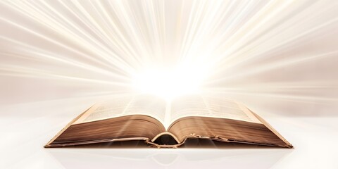 open book with rays emanating from center of book in delicate beige pastel colors, concept of...