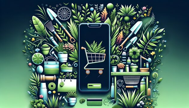 A digital representation of online shopping and e-commerce, showcasing a user making purchases over the internet with a cart filled with products.