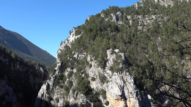  Raiano, Italy The Gole di San Venanzio nature reserve with canyon and mountains. 
