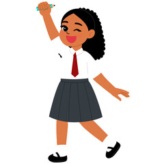 colored student girl in school uniform raise hand and holding pencil illustration