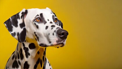 Portrait of Dalmatian dog on bright yellow background. Adorable pet. Canine companion.