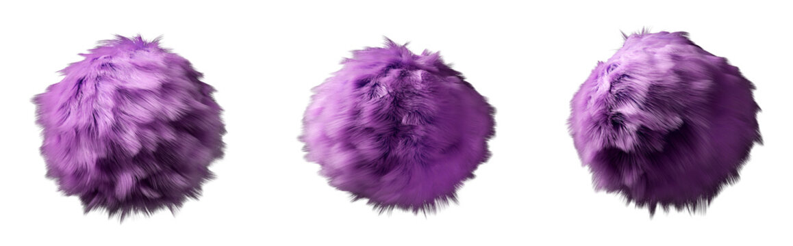 Pink fur ball isolated on a white background. A set of wool balls from different angles. Abstract hairy sphere.