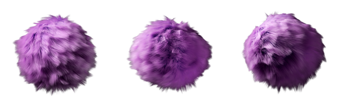 Pink fur ball isolated on a white background. A set of wool balls from different angles. Abstract hairy sphere.