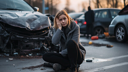 Anxious sad woman Involved In Car Accident - obrazy, fototapety, plakaty