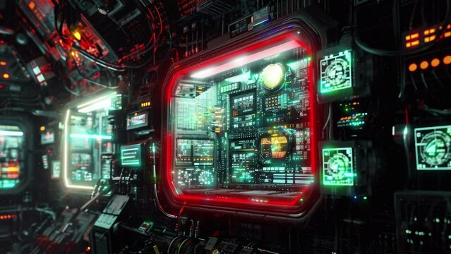 control room with futuristic interface, red neon and green light,  Seamless loop animation render