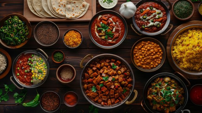 Photorealistic table spread with indian food only whole foods plant based ultra detailed, ultra realistic