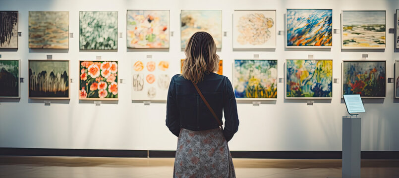 Back of an adult person looking at paintings in an art gallery