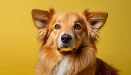 Portrait of cute red-haired dog on bright yellow background. Adorable pet. Canine companion.
