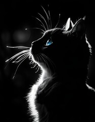 Close-up portrait profile of a black cat with illumination on black background