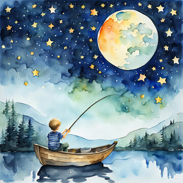 Watercolor of little boy fishing at night in rowboat under a full moon and gold stars