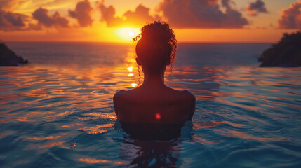 Fototapeta premium Young woman traveler relaxing and enjoying the sunset by a tropical resort sea