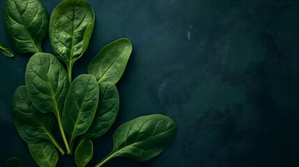 Green spinach leaves on a dark slate texture background with copy space. Healthy eating and food...