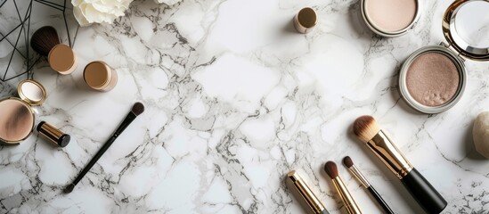 Elegant marble table with assortment of makeup brushes and blushes for beauty routine - obrazy, fototapety, plakaty