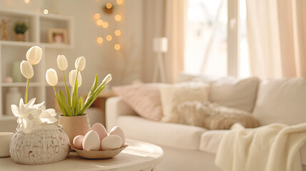 Cozy living room interior with soft blankets and decorative Easter eggs. Warm and inviting Easter home decor concept for interior design magazine, blog, and lifestyle article. - obrazy, fototapety, plakaty