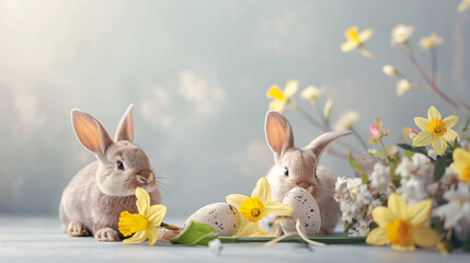 Fototapeta na wymiar Two rabbits with yellow flowers and Easter eggs on soft focus background. Easter celebration concept with copy space for greeting card, invitation, poster design