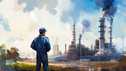 Male standing with Hand holding walkie-talkie operate control works copy space in refinery oil plant platform structure copy space background