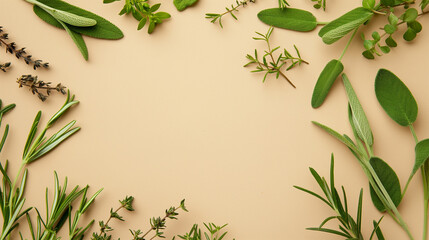 Fresh Mediterranean herbs on beige background with copy space. Thyme, oregano, rosemary flat lay. Culinary concept and recipe design. Top view. 