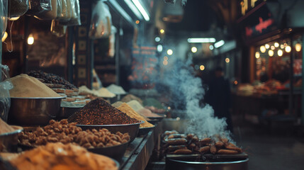 Market with an array of street foods. Exotic bazaar scene. Cultural and travel concept. Design for...