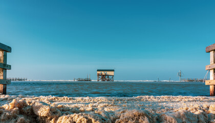 Pile dwelling on the beach of Sankt Peter-Ording in Germany.
