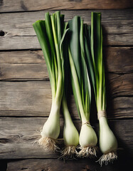 fresh and organic leeks, on old wooden desk

