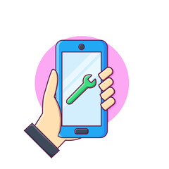 Phone repairing service concept cartoon vector illustration. Hand holding smartphone with wrench on screen