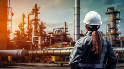 Engineers are working at Petroleum and petrochemical plant - obrazy, fototapety, plakaty