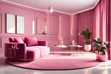 Stylish living pink tone room interior of modern apartment and trendy furniture, armchair on carpet