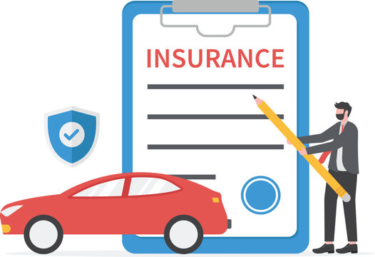 Car insurance vector illustration set. People protecting car with insurance and signing form with red auto. Concept of car insurance service, car accident, insurance agent for web design, ui

