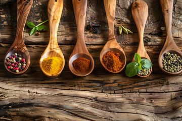 Wooden spoons adorned with a variety of herbs and spices, set against a wooden background with copy space.