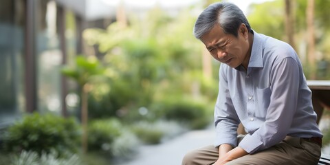 Asian man enduring thigh pain possibly caused by sciatica or sciatic nerve discomfort. Concept Sciatica, Thigh Pain, Asian Man, Treatment Options, Sciatic Nerve Discomfort