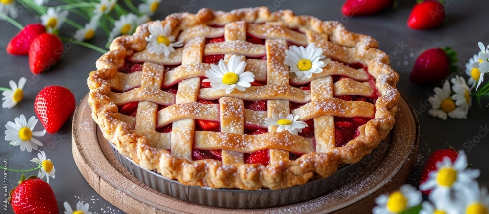 Sticker delicious homemade strawberry pie with fresh juicy strawberries on top, perfect dessert for summer p