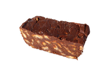 Chocolate salami dessert made from cocoa and broken biscuits. Isolated on a white background.