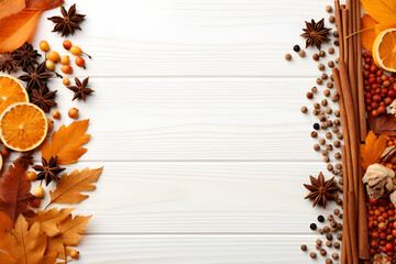 Naklejka na ściany i meble autumn leafs and spices on white wooden on white background, Thanksgiving background decoration, dry leaves, berries and pumpkins on white wooden background. Flat lay, copy space, Generative Ai